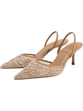 Women's Floral Embroidered Brown Slingback Heels with Pearl Studded Pointed Toe